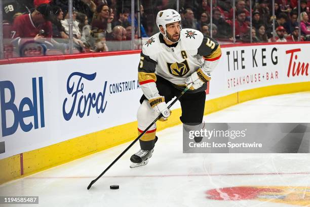 Las Vegas Golden Knights defenceman Deryk Engelland skates with the puck in the far end of his zone during the Las Vegas Golden Knights versus the...