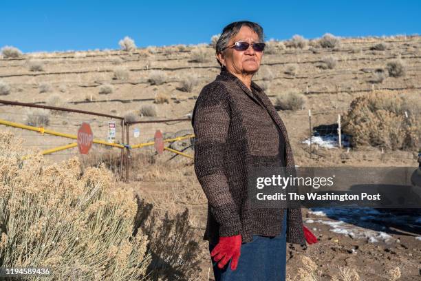 Edith Hood stands outside the gates of abandoned uranium mine in the community of Red Water Pond on Monday, Jan. 13th, 2020.