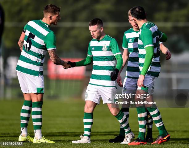 Dublin , Ireland - 18 January 2020; Jack Byrne of Shamrock Rovers is congratulated by team-mates, from left, Lee Grace, Rhys Marshall and Joey...