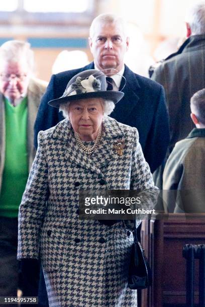 Queen Elizabeth II and Prince Andrew, Duke of York attend church at St Mary the Virgin at Hillington in Sandringham on January 19, 2020 in King's...
