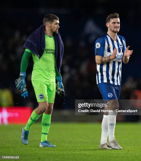 Brighton & Hove Albion's Matthew Ryan and Pascal Gross applauds the fans at the final whistle during the Premier League match between Brighton & Hove...