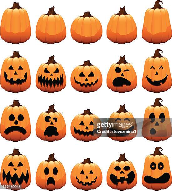 spooky halloween kürbis und jack o'lantern vektor-illustration kollektion - ugly pumpkins stock-grafiken, -clipart, -cartoons und -symbole
