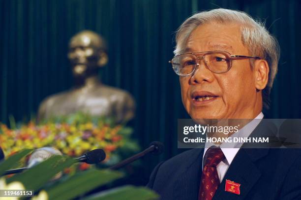 Vietnamese Communist Party Secretary General and Chairman of the out-going national assembly Nguyen Phu Trong addresses the first session of the...