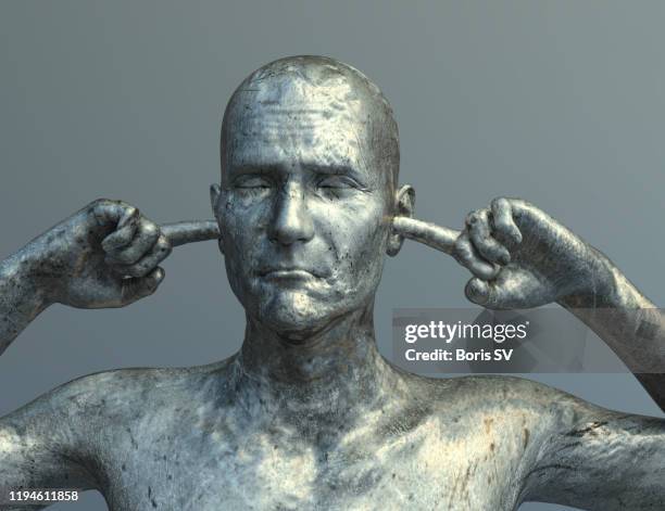 conputer model of man blocking ears from noise - of deformed people stock pictures, royalty-free photos & images