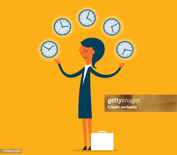 businesswoman juggling with big stopwatches - too much work stock illustrations