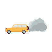 Cartoon yellow car with grey smoke coming out of exhaust pipe