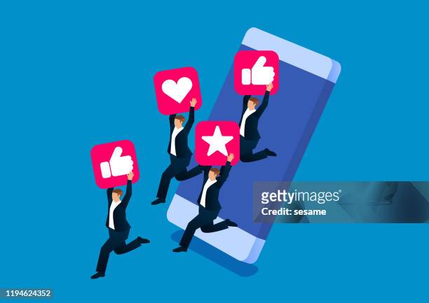 stockillustraties, clipart, cartoons en iconen met social media trekt zakenmensen aan om uit mobiele telefoons te springen - social issues