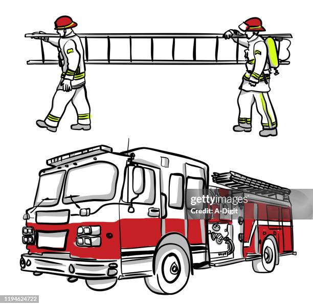 firemen carrying ladder coloured - fire retardant stock illustrations