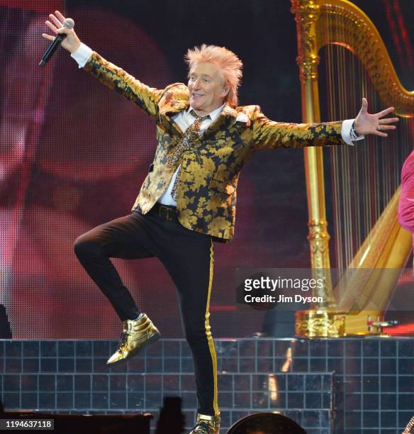 Sir Rod Stewart performs live on stage during his 'Blood Red Roses' tour at The O2 Arena on December 17, 2019 in London, England.