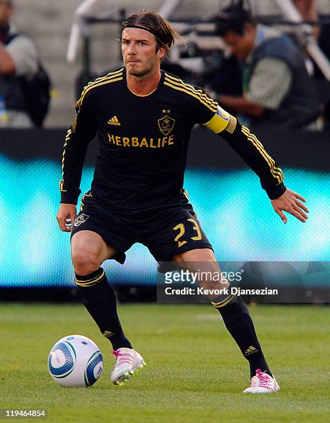 David Beckhman of Los Angeles Galaxy in action against Real Madrid for the Herbalife World Challenge 2011 soccer game at Los Angeles Memorial...