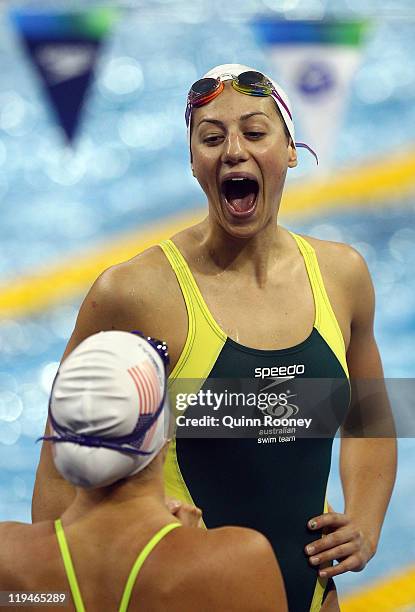Stephanie Rice of Australia laughs during a swimming training session during Day Six of the 14th FINA World Championships at the Oriental Sports...