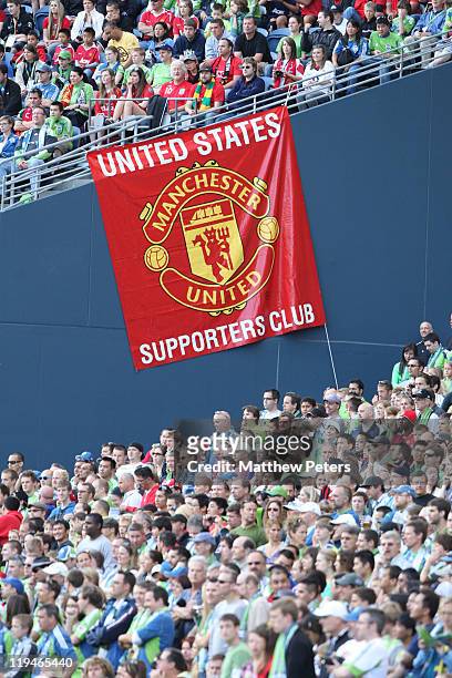 The Manchester United United States Supporters Club display a banner during the pre-season friendly match between Seattle Sounders and Manchester...