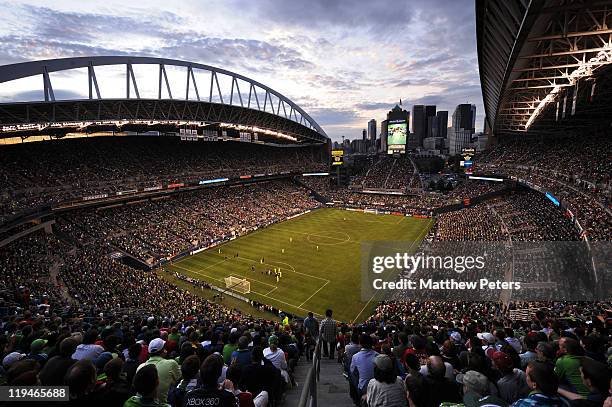 Fans fill the stadium ahead of the pre-season friendly match between Seattle Sounders and Manchester United at CenturyLink Field on July 20, 2011 in...