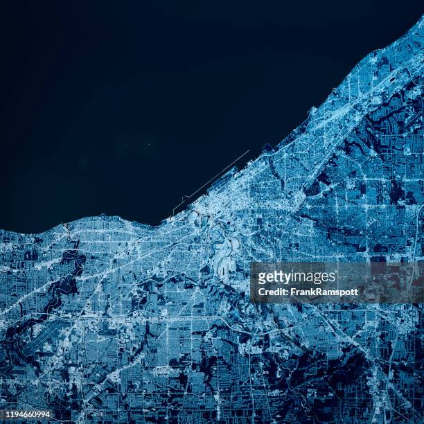 cleveland ohio 3d render map blue top view sept 2019 - cleveland ohio stock pictures, royalty-free photos & images