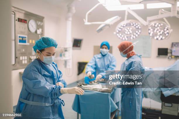 an asian chinese female surgeon doctor is wearing surgical gloves before the surgery in operating room