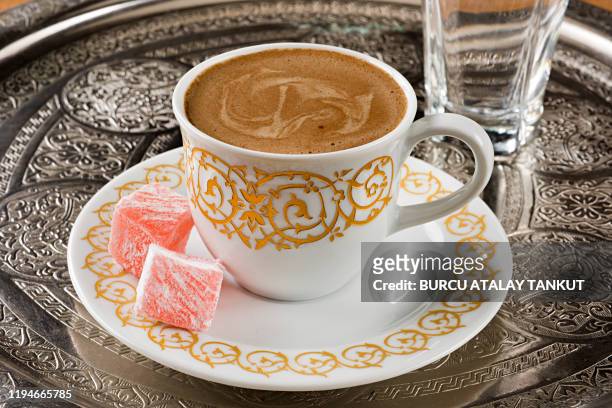 turkish coffee with turkish delight - turkish coffee drink stock pictures, royalty-free photos & images