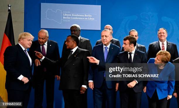 Britain's Prime Minister Boris Johnson, Congolese President Denis Sassou Nguesso , Turkish President Recep Tayyip Erdogan, French President Emmanuel...