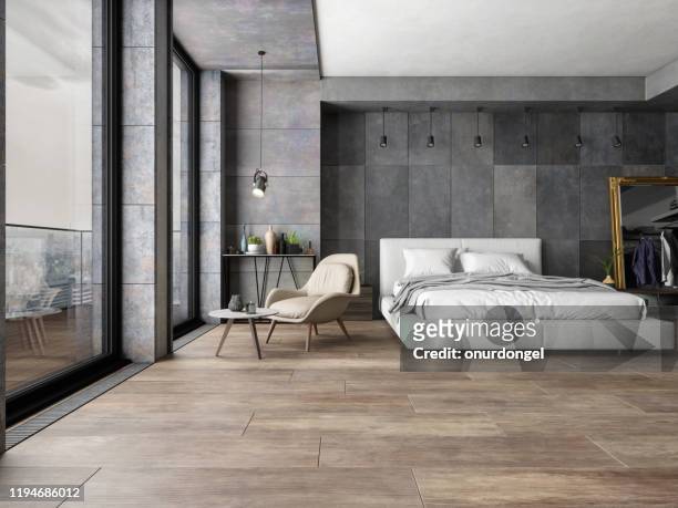 camera da letto in nuova casa di lusso - stile minimalista foto e immagini stock
