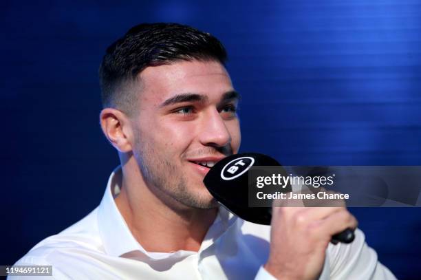 Tommy Fury speaks to the media during the "The Fight Before Christmas" boxing press conference at the BT Studios on December 18, 2019 in Stratford,...