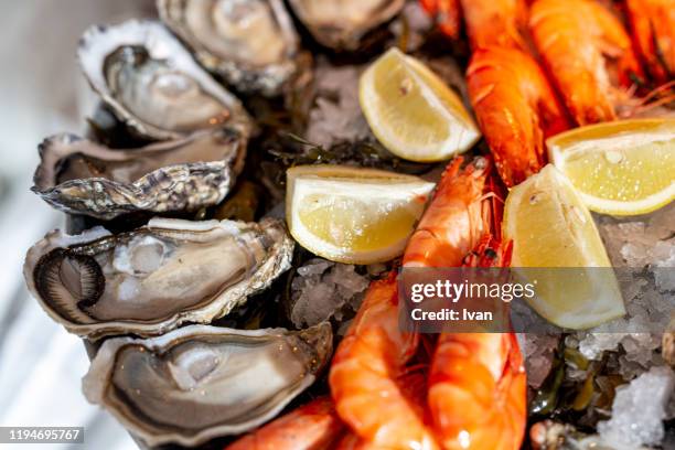 close up of fresh seafood on ice plate - clam seafood stock-fotos und bilder