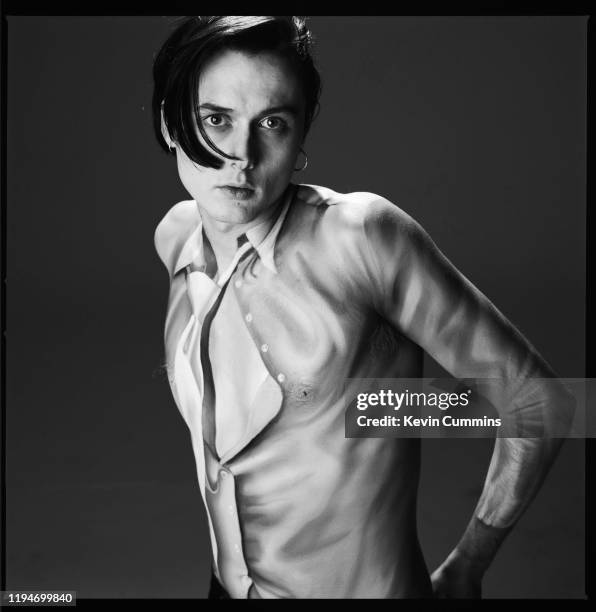 British singer Brett Anderson of alternative rock band Suede wearing body paint, UK, 10th March 1993.