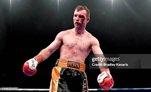 Jeff Horn is seen with blood coming down his face after he knocked down Michael Zerafa during the middleweight bout between Jeff Horn and Michael...