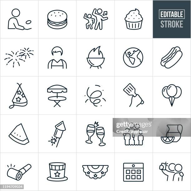 independence day thin line icons - editable stroke - line drawing people dancing stock illustrations