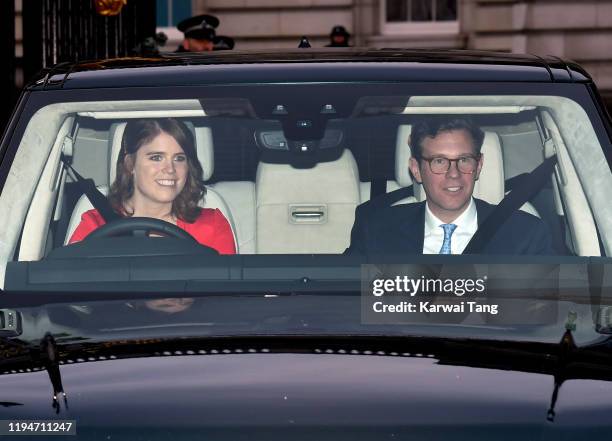 Princess Eugenie of York and Jack Brooksbank attend Christmas Lunch at Buckingham Palace on December 18, 2019 in London, England.