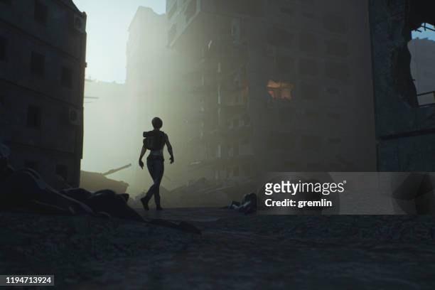 post apocalypse survivor walking in destroyed city - destroyed city stock pictures, royalty-free photos & images