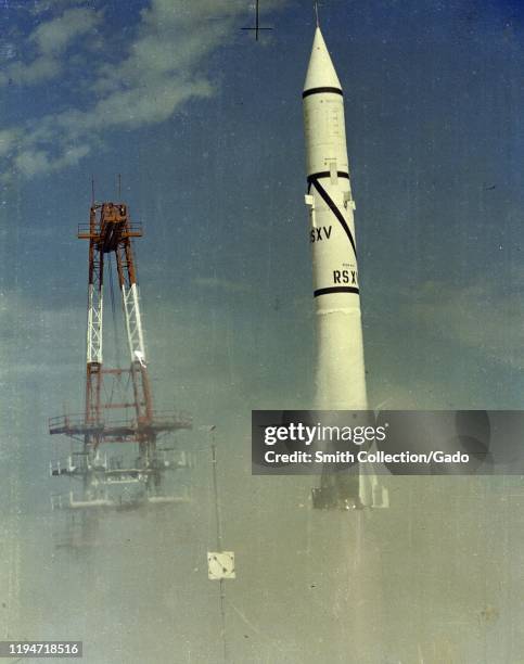 Photograph of the launch of the first PGM-11 Redstone, a short-range ballistic missile, at Cape Canaveral, Florida, United States, August 20, 1953....
