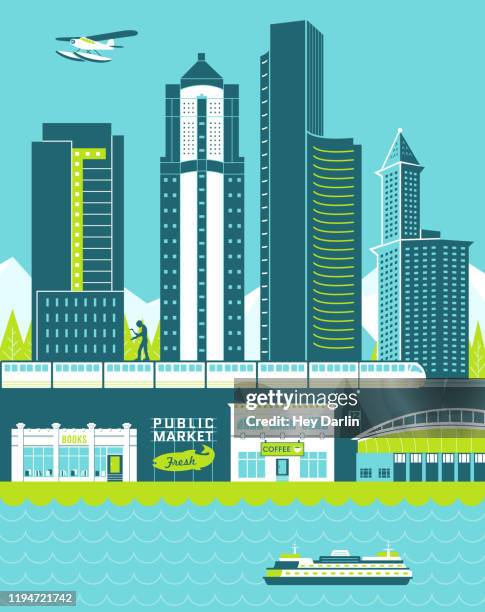 ilustrações de stock, clip art, desenhos animados e ícones de seattle skyline illustration - seattle
