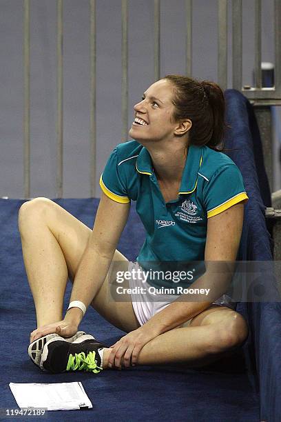 Emily Seebohm of Australia smiles during a swimming training session during Day Six of the 14th FINA World Championships at the Oriental Sports...