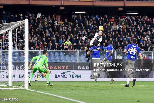 Juventus player Cristiano Ronaldo scores 0-2 goal during the Serie A match between UC Sampdoria and Juventus at Stadio Luigi Ferraris on December 18,...