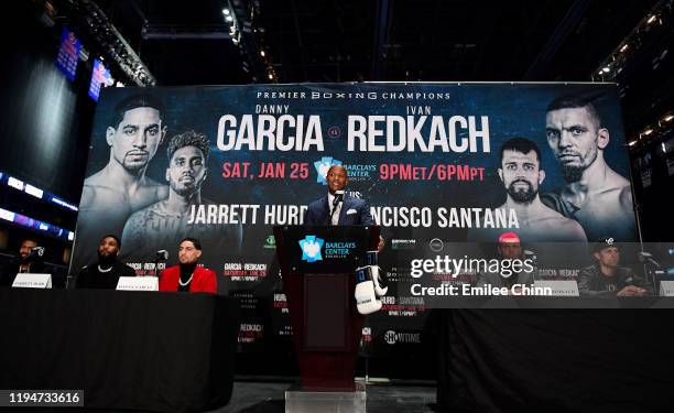 Brian Custer, the host for Showtime Championship Boxing, introduces the fighters for an upcoming welterweight fight during a press conference at...