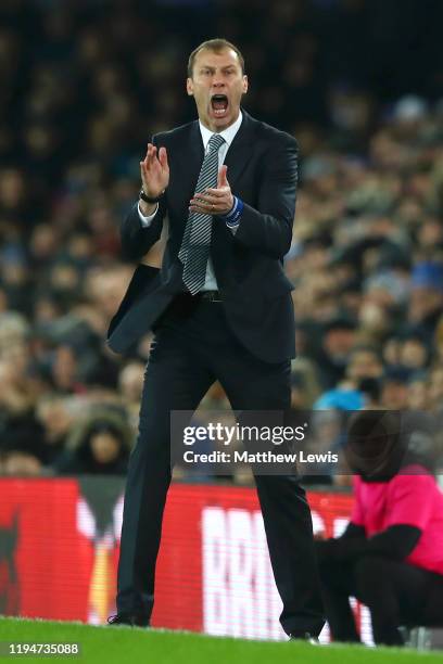 Interim Everton Manager, Duncan Ferguson reacts during the Carabao Cup Quarter Final match between Everton FC and Leicester FC at Goodison Park on...