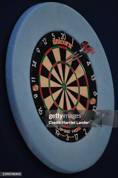 Detailed view of the Dart Board is seen during the First Round match between Josh Payne of England and Diogo Portela of Brazil on Day 6 of the 2020...