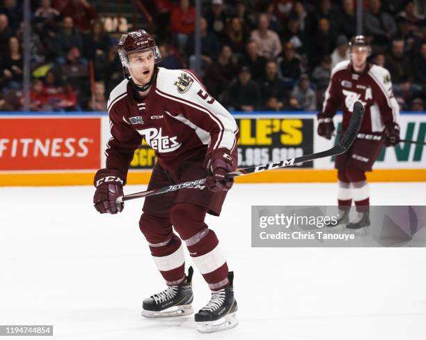 Jacob Paquette of the Peterborough Petes skates during an OHL game against the Oshawa Generals at the Tribute Communities Centre on December 13, 2019...