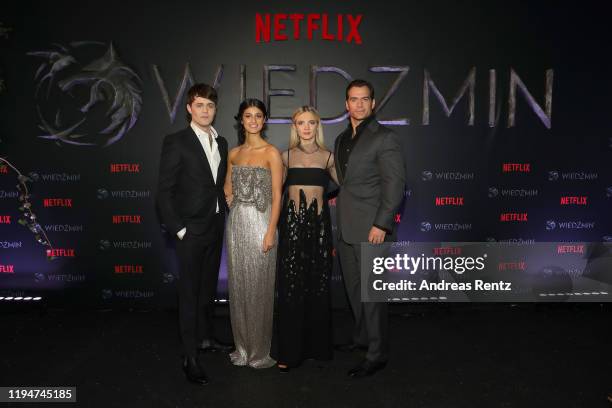 Joey Batey, Anya Chalotra, Freya Allan and Henry Cavill attend the premiere of the Netflix series "The Witcher" on December 18, 2019 in Warsaw,...