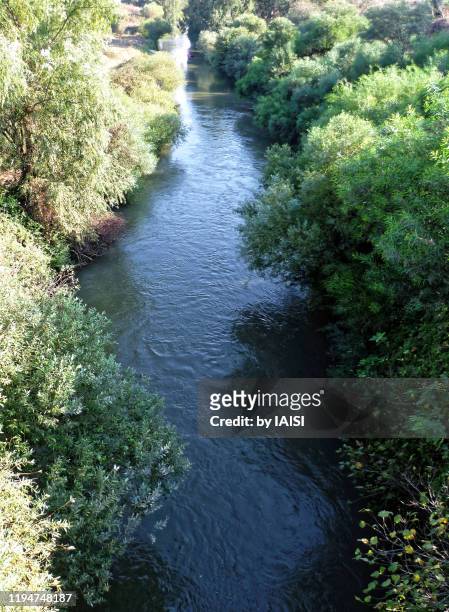 two banks of the river jordan, seen from bridge - jordan bildbanksfoton och bilder