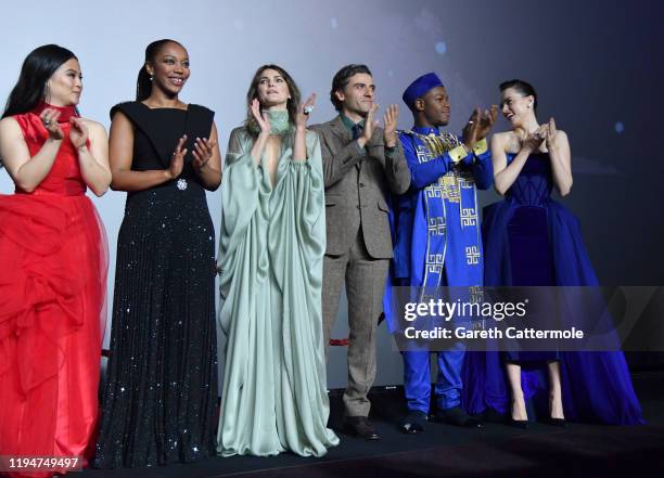 Kelly Marie Tran, Naomi Ackie, Keri Russell, Oscar Isaac, John Boyega and Daisy Ridley attend the European premiere of "Star Wars: The Rise of...