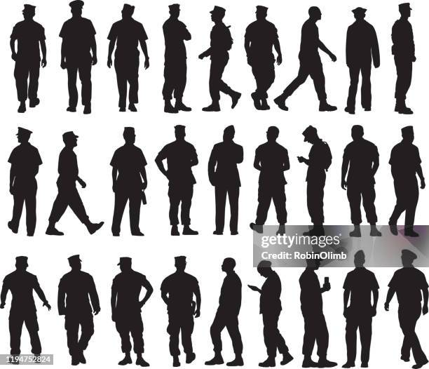 military personal silhouettes - people in military uniform stock illustrations