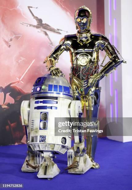 Characters R2-D2 and C-3PO attend the "Star Wars: The Rise of Skywalker" European Premiere at Cineworld Leicester Square on December 18, 2019 in...