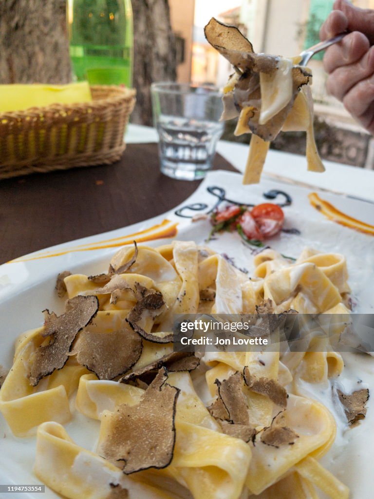 Truffles in pasta sauce at restaurant in Istria