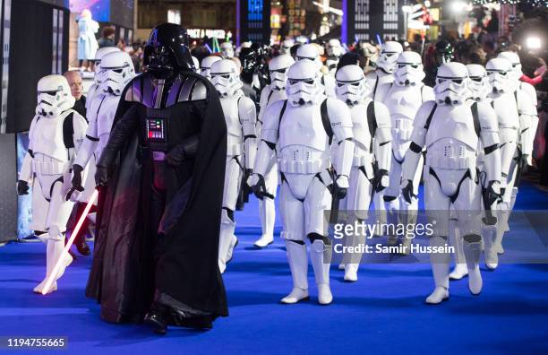 Darth Vader and Storm Troopers attend "Star Wars: The Rise of Skywalker" European Premiere at Cineworld Leicester Square on December 18, 2019 in...