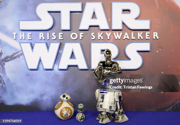 Characters BB-8, D-O, R2-D2 and C-3PO attend the "Star Wars: The Rise of Skywalker" European Premiere at Cineworld Leicester Square on December 18,...