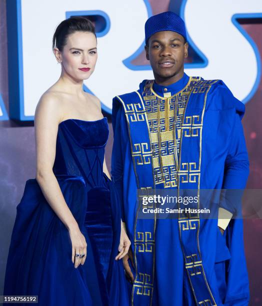 John Boyega and Daisy Ridley attend "Star Wars: The Rise of Skywalker" European Premiere at Cineworld Leicester Square on December 18, 2019 in...