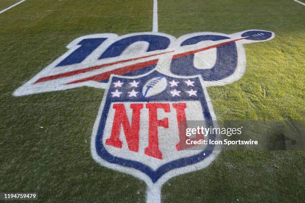 View of the 100-year NFL logo on the field before the AFC Championship game between the Tennessee Titans and Kansas City Chiefs on January 19, 2020...