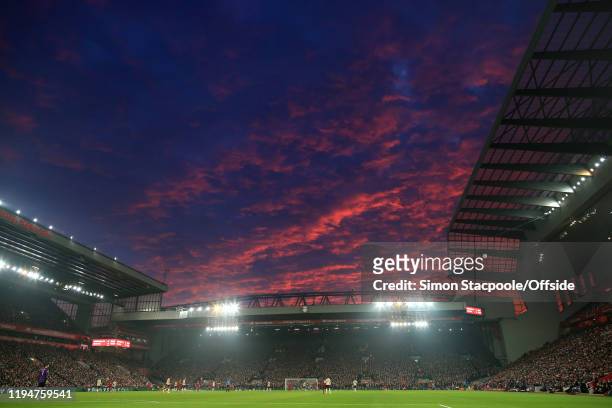 General view at sunset during the Premier League match between Liverpool FC and Manchester United at Anfield on January 19, 2020 in Liverpool, United...