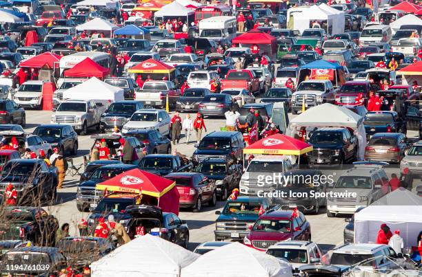 Fans arrive in drove for tailgating festivities prior to the AFC Championship game between the Tennessee Titans and the Kansas City Chiefs on Sunday...
