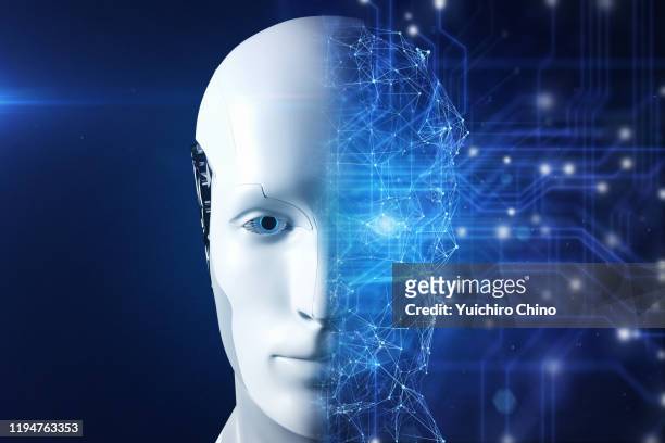 half of artificial intelligence robot face - cyborg stock pictures, royalty-free photos & images